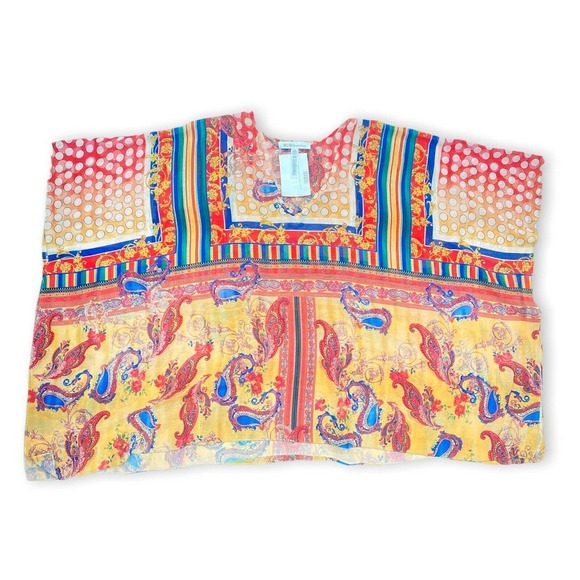 BCBGeration Floral Print Chiffon Top Dolman Sleeve Cover Up Yellow One Size - Picture 2 of 3